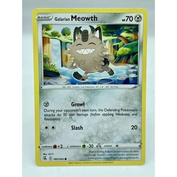 Galarian Meowth 180/264 Fusion Strike Non-Holo Pokémon TCG NM‎ Unplayed - Picture 1 of 6